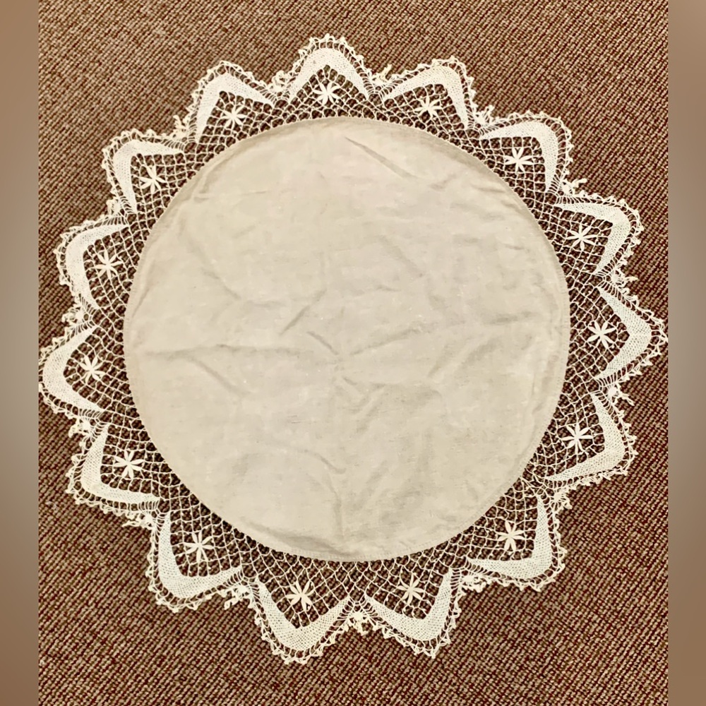 Early 20th Century Antique Hand Crocheted Trim Cotton Linen Round Table Cloth